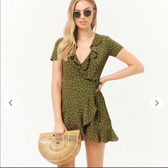 Forever 21 Olive Polka Dot Wrap Mini Dress - Picture 3 of 12